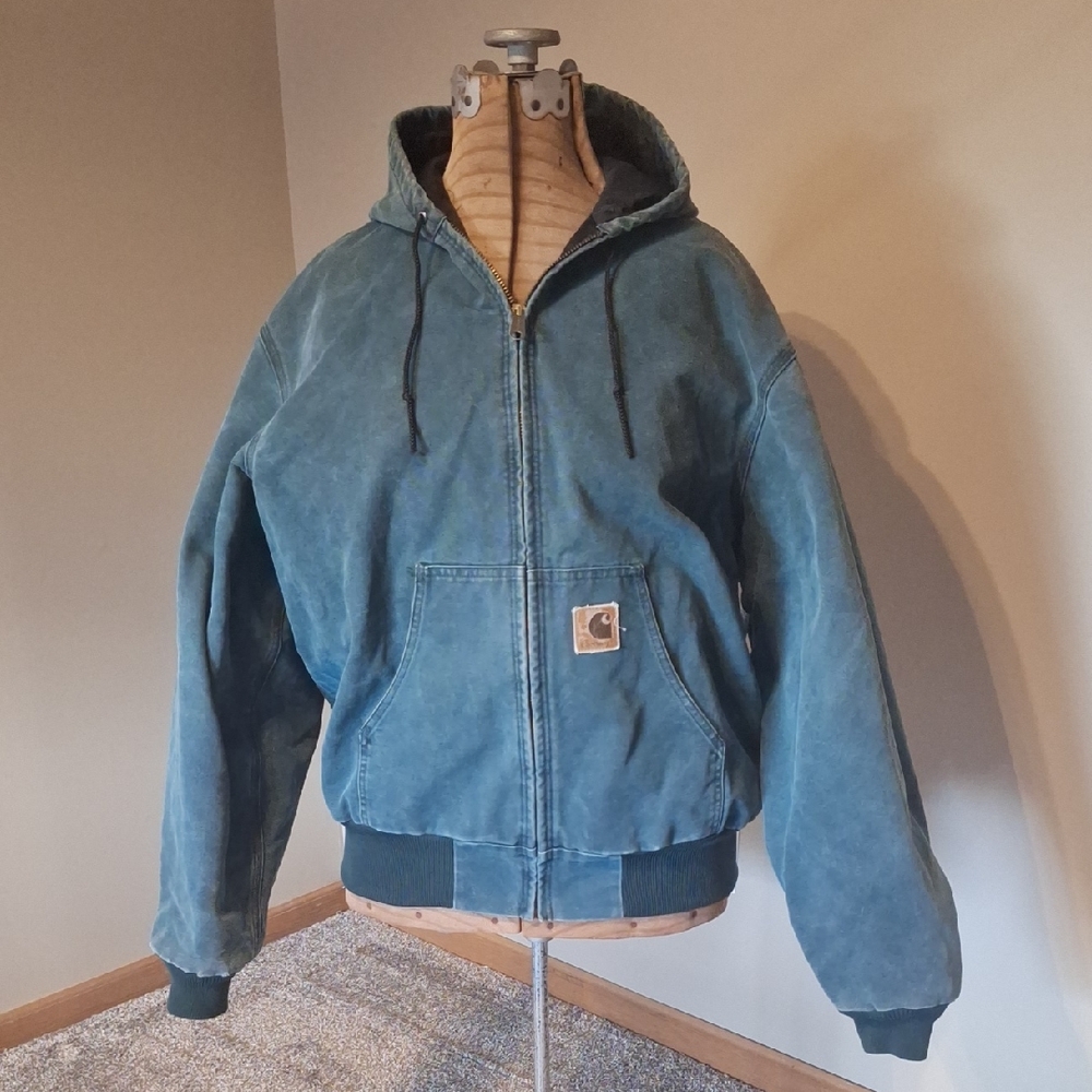 Vintage Carhartt J06HTG 90s Men's Teal Hooded Bomber Jacket